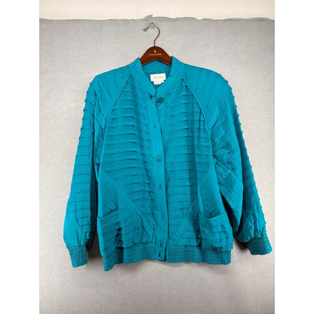 Perlita Teal Silk Pleated Bomber Jacket Button Front Zip‎ L lady shoulder pad